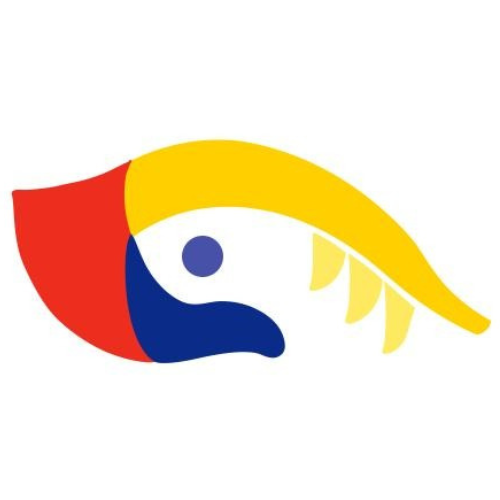 Logo: uma mão estilizada, vista de perfil, forma a imagem de um olho. Em vermelho, a parte da mão que junta. Os dedos, curvados na parte superior na cor amarela, evocam o movimento de leitura em braille, enquanto o polegar, posicionado na parte inferior, na cor azul, completa o contorno do olho. No centro o cabo de uma bengala tátil, representa a íris.